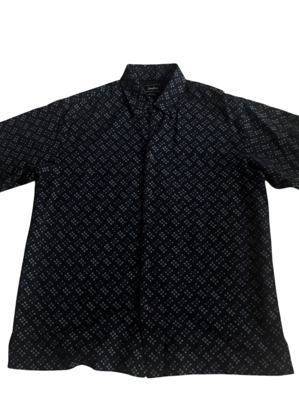 Neiman Marcus 100% silk Black Short-Sleeve Button-Down with Blue Geometric Print
